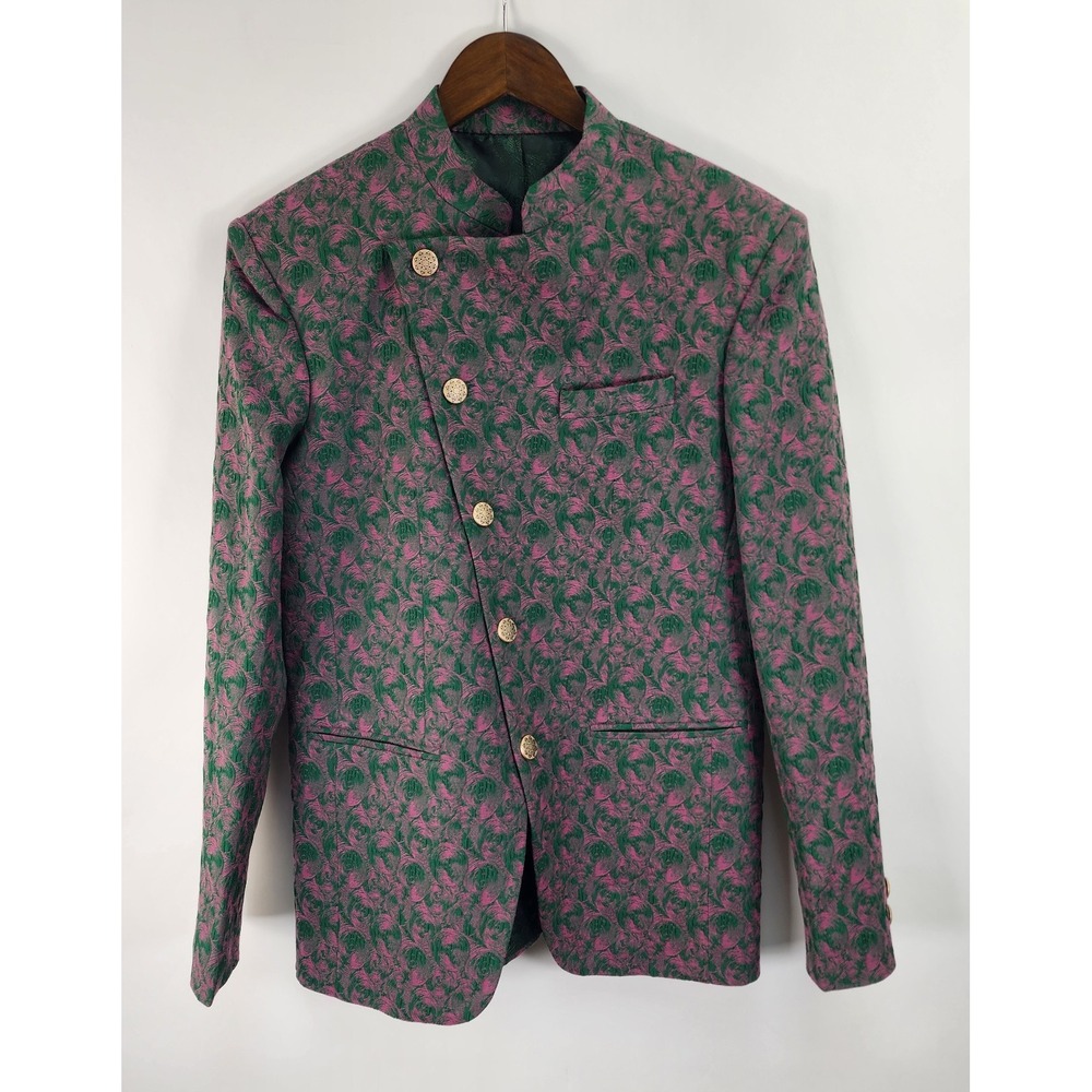 French Crown Blazer Jacket Men's 36 Green Pink Tapestry Slant Button Pockets